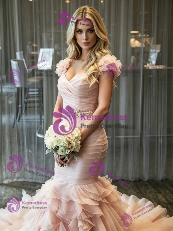 Pink Mermaid Tulle Pleats Wedding Dress
