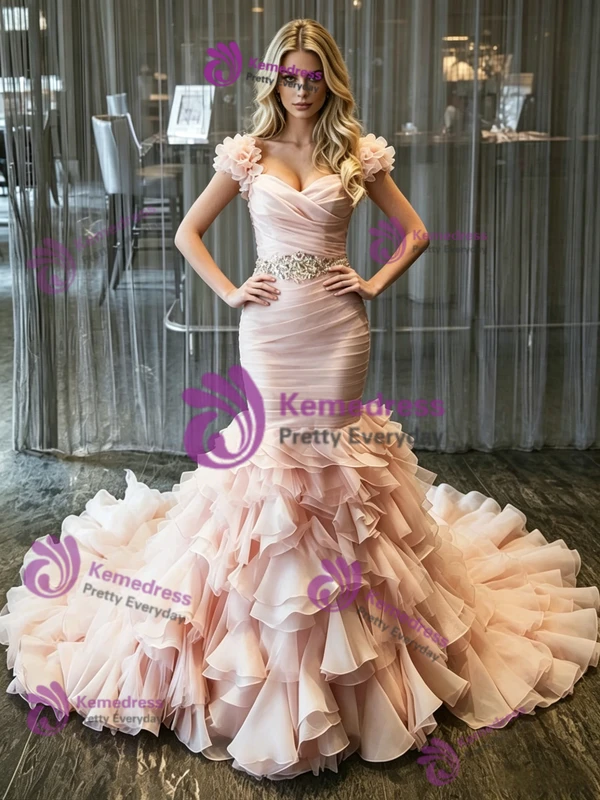 Pink Mermaid Tulle Pleats Wedding Dress
