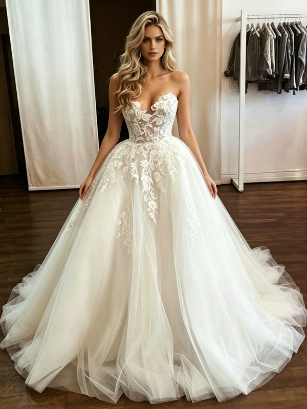 White Tulle Appliques Strapless Wedding Dress