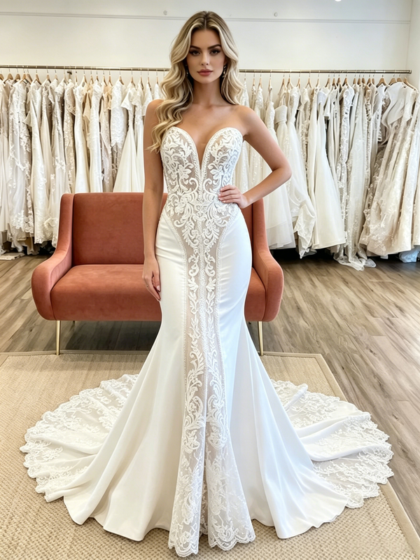 White Mermaid Strapless Appliques Wedding Dress