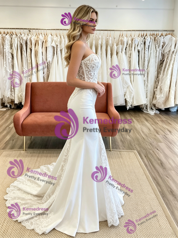 White Mermaid Strapless Appliques Wedding Dress