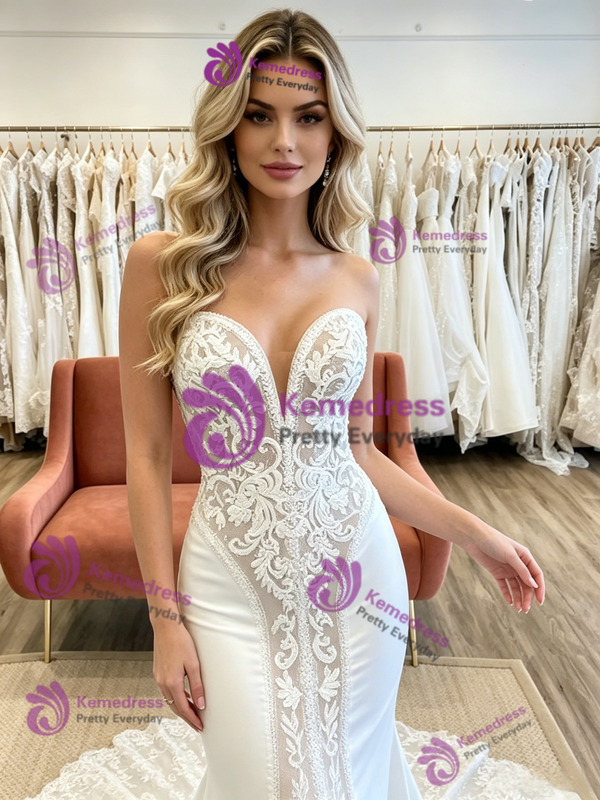 White Mermaid Strapless Appliques Wedding Dress