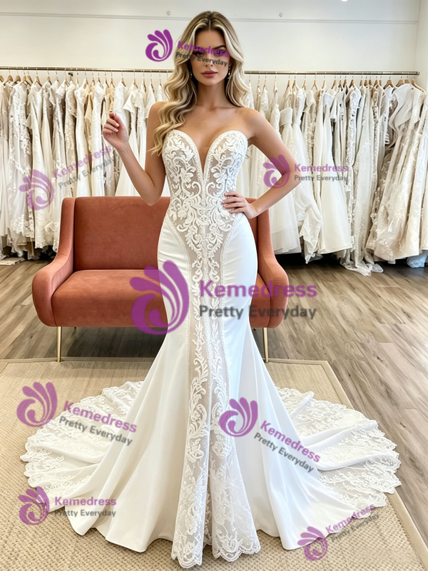 White Mermaid Strapless Appliques Wedding Dress