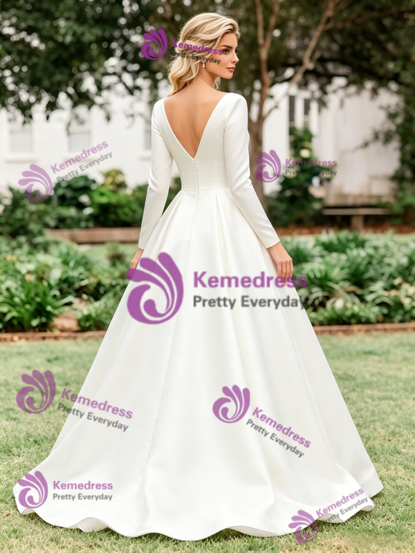 White Satin V-neck Long Sleeve Wedding Dress