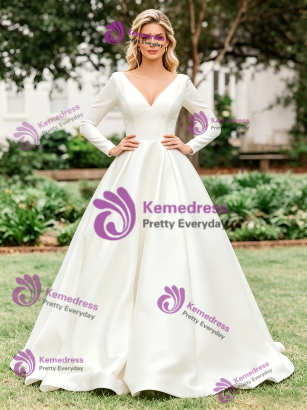 White Satin V-neck Long Sleeve Wedding Dress