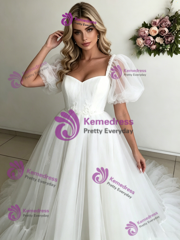 White Tulle Puff Sleeve Pleats Wedding Dress