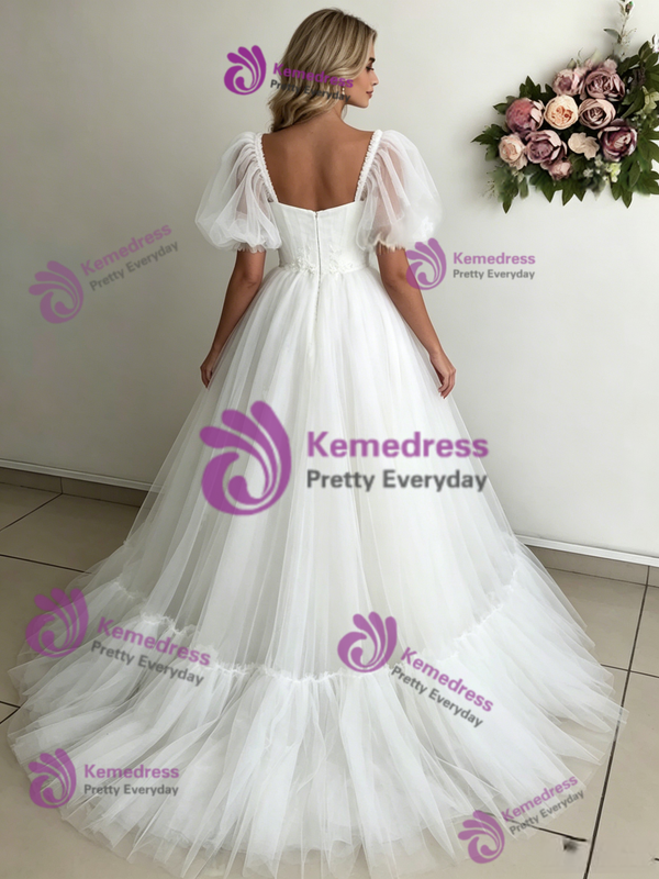 White Tulle Puff Sleeve Pleats Wedding Dress