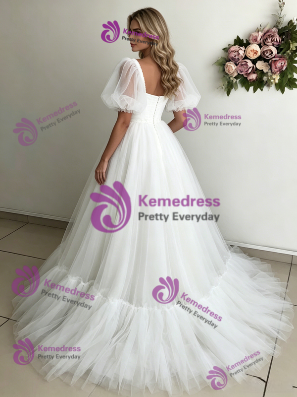 White Tulle Puff Sleeve Pleats Wedding Dress