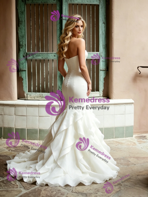 Beige White Mermaid Strapless Wedding Dress