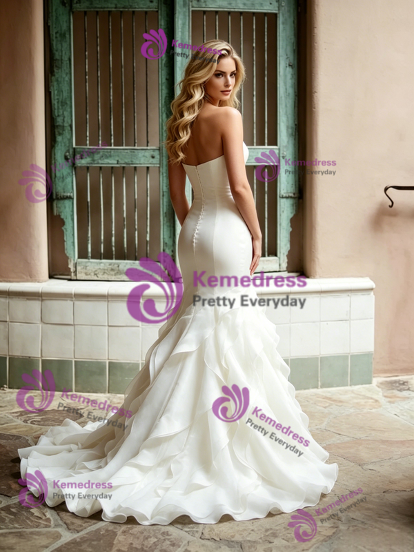 Beige White Mermaid Strapless Wedding Dress