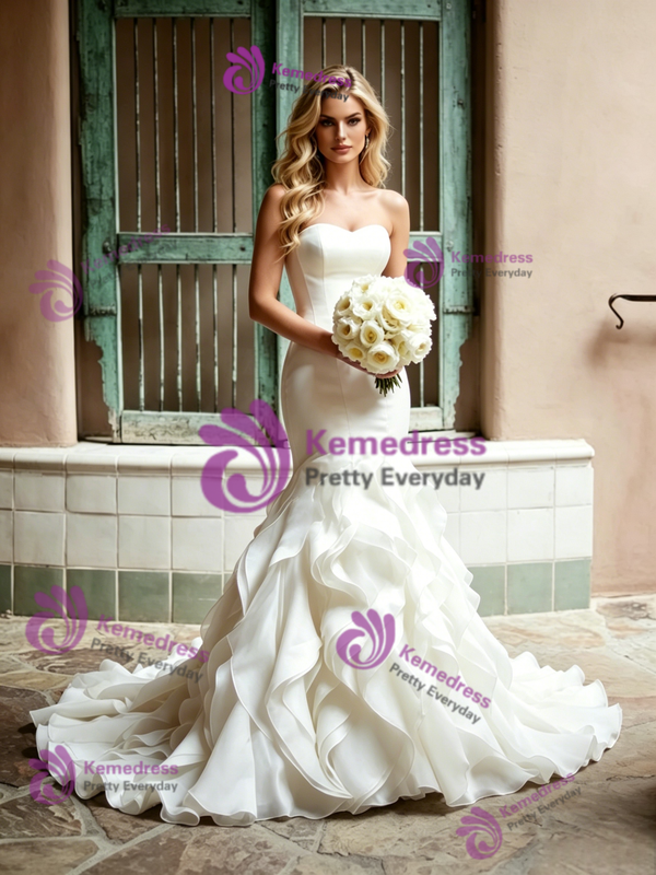 Beige White Mermaid Strapless Wedding Dress
