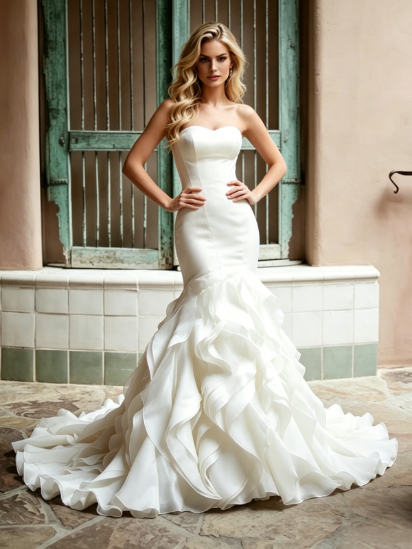 Beige White Mermaid Strapless Wedding Dress