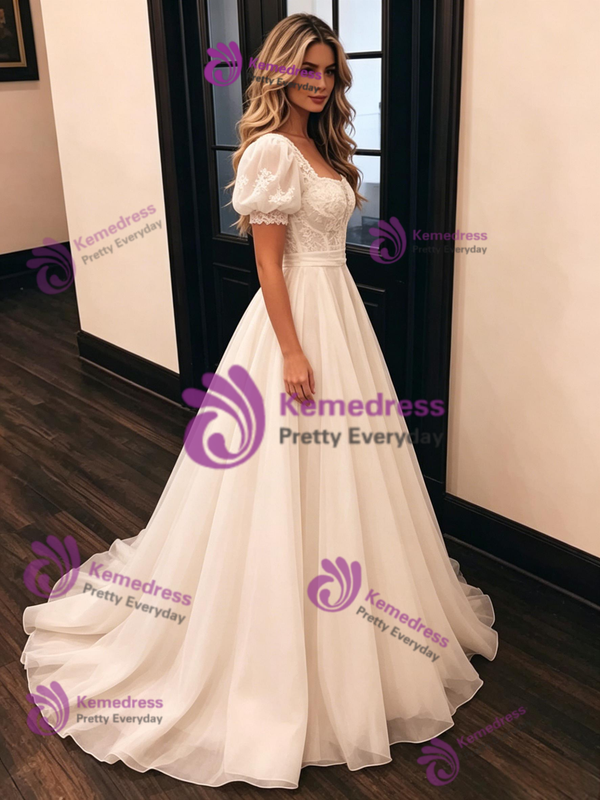 White Tulle Puff Sleeve Wedding Dress