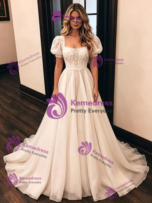 White Tulle Puff Sleeve Wedding Dress