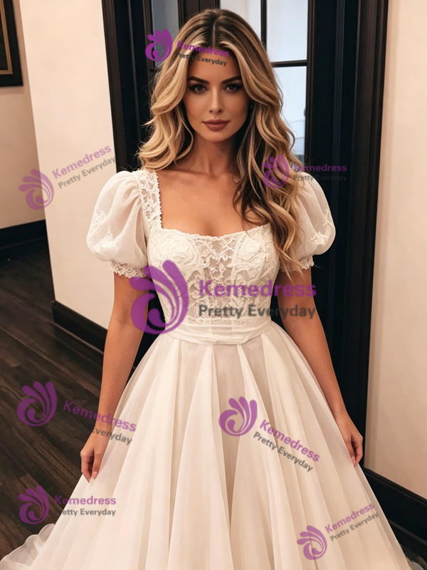 White Tulle Puff Sleeve Wedding Dress