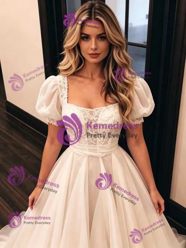 White Tulle Puff Sleeve Wedding Dress