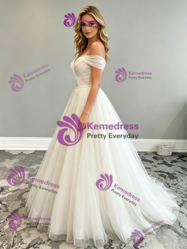 White Tulle Off the Shoulder Wedding Dress