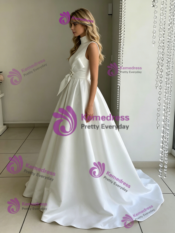 White Satin High Neck Bow Wedding Dress