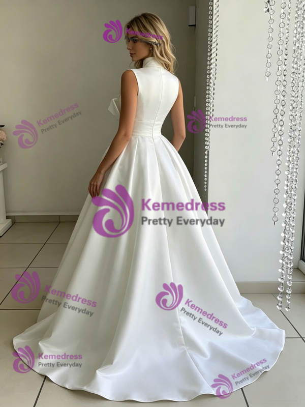White Satin High Neck Bow Wedding Dress