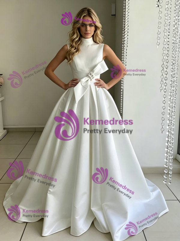White Satin High Neck Bow Wedding Dress
