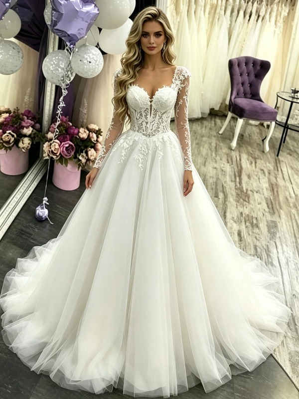 White Tulle Long Sleeve Appliques Wedding Dress