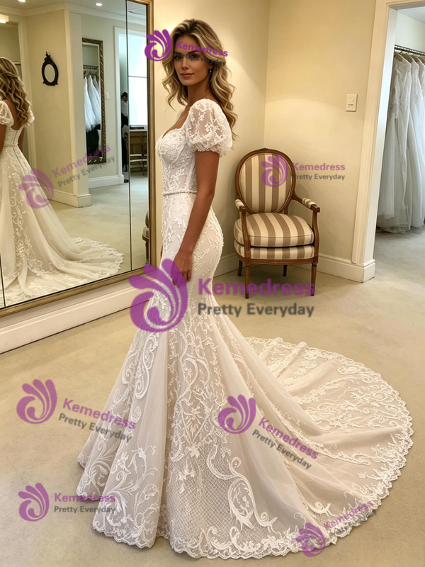 White Mermaid Lace Puff Sleeve Wedding Dress