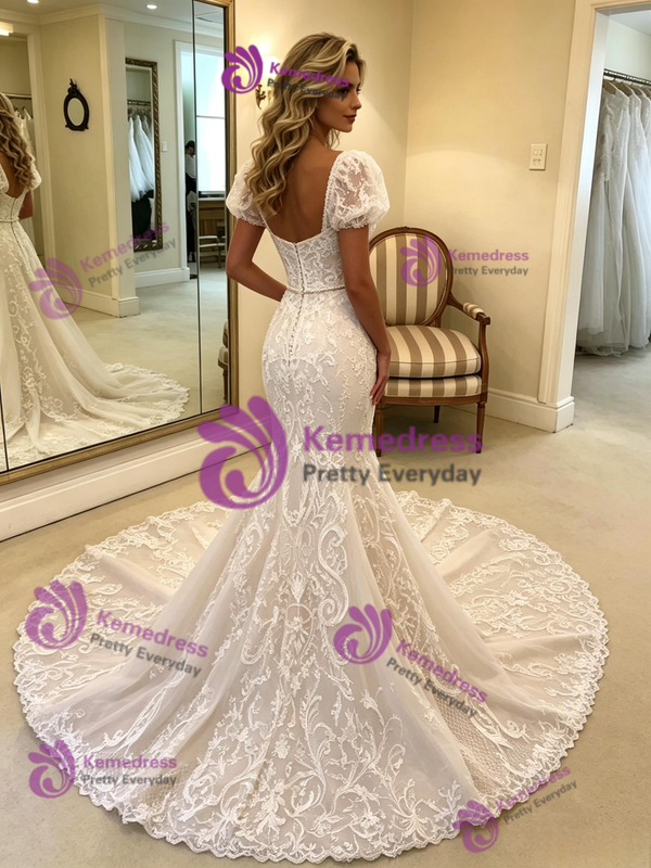 White Mermaid Lace Puff Sleeve Wedding Dress