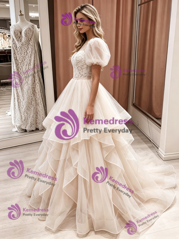 Champagne Tulle Lace Puff Sleeve Wedding Dress