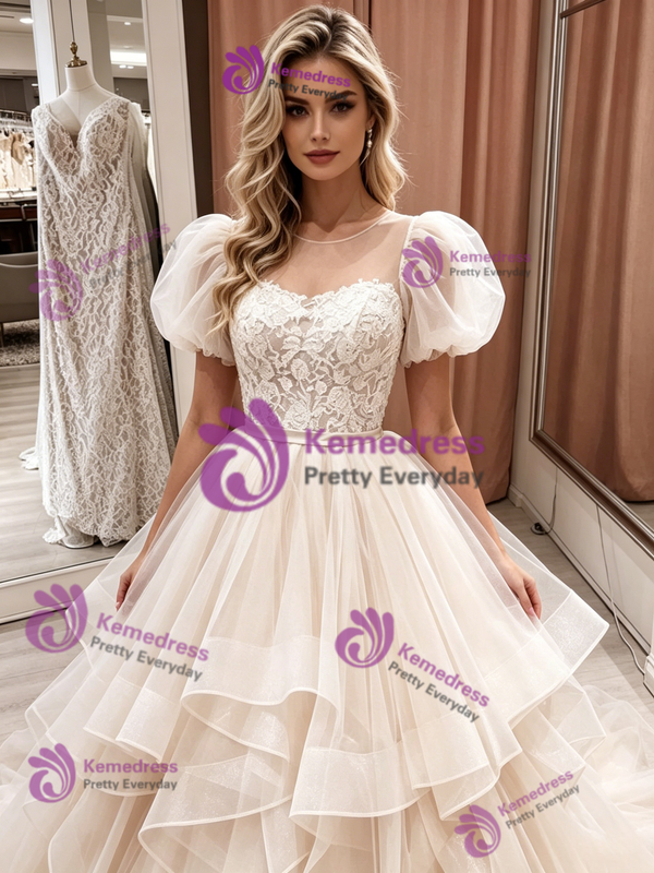Champagne Tulle Lace Puff Sleeve Wedding Dress
