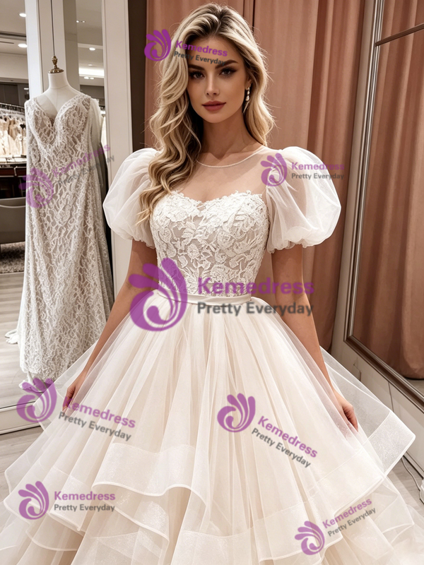 Champagne Tulle Lace Puff Sleeve Wedding Dress