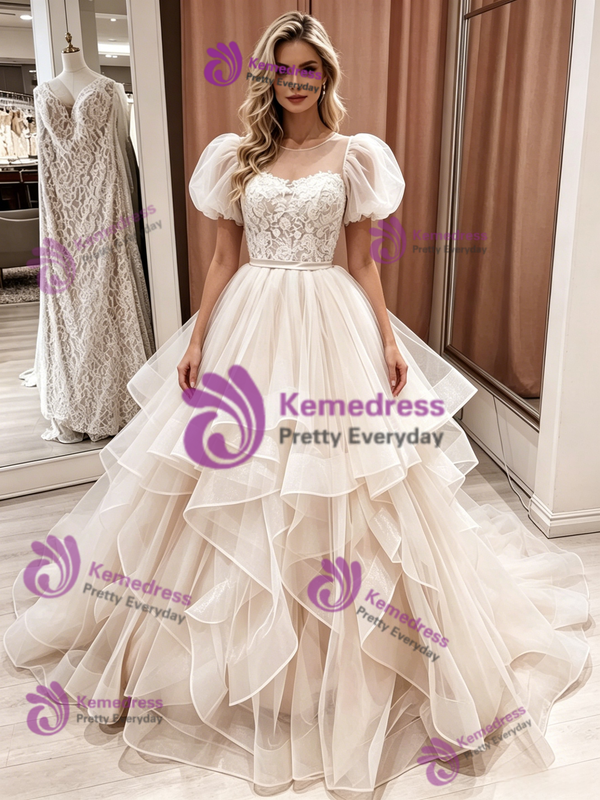 Champagne Tulle Lace Puff Sleeve Wedding Dress