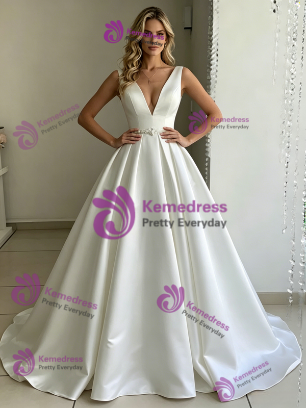 White Satin V-neck Beading Wedding Dress