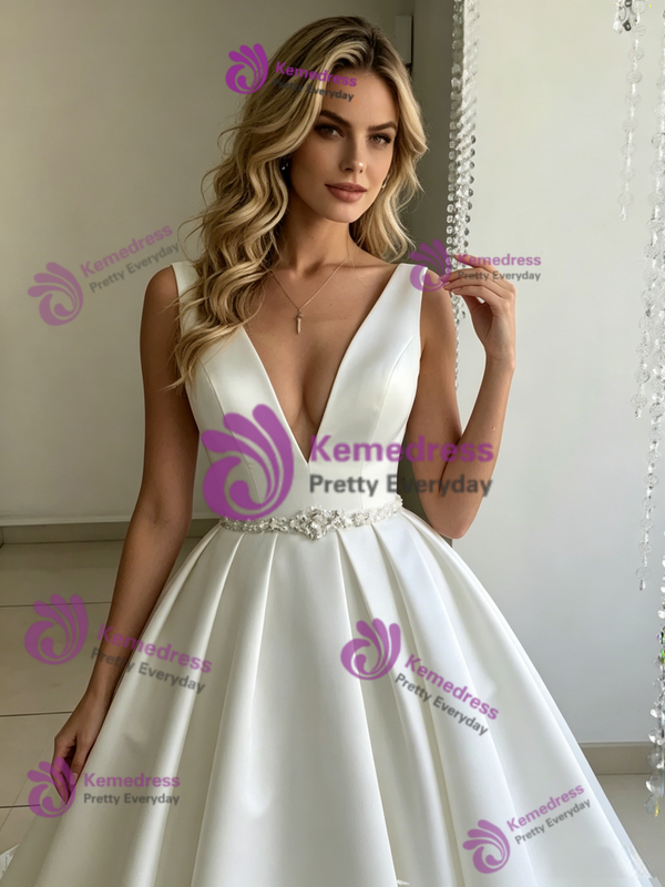 White Satin V-neck Beading Wedding Dress