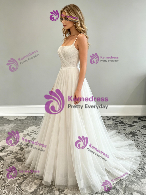White Tulle Spaghetti Straps Pleats Wedding Dress