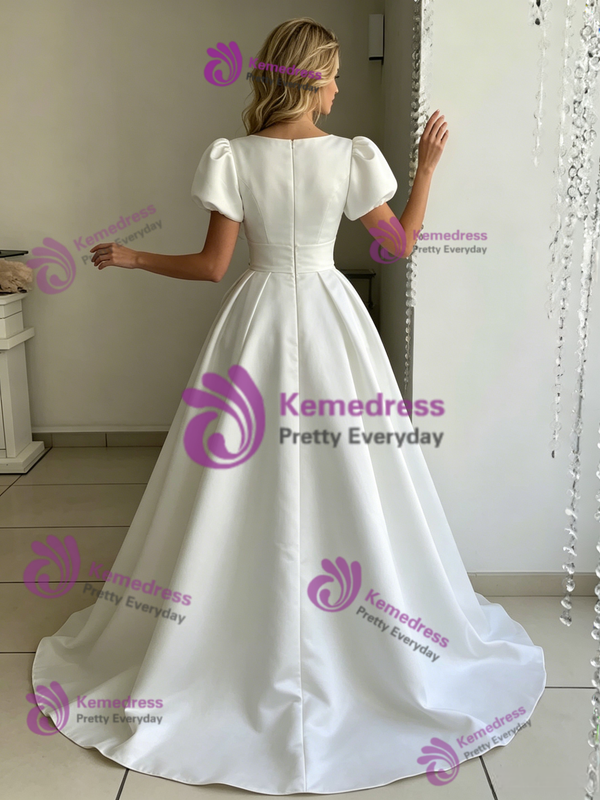 White Satin Puff Sleeve Wedding Dress