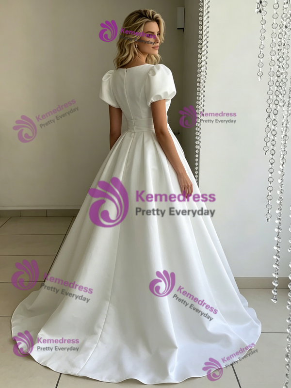White Satin Puff Sleeve Wedding Dress