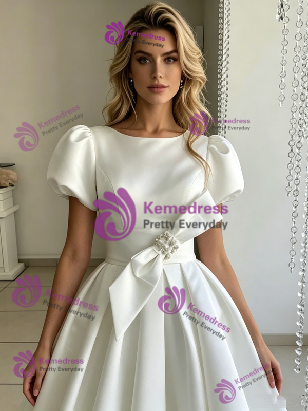 White Satin Puff Sleeve Wedding Dress