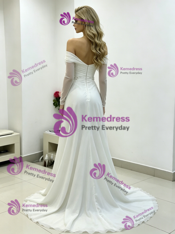 White Chiffon Long Sleeve Beading Pleats Wedding Dress
