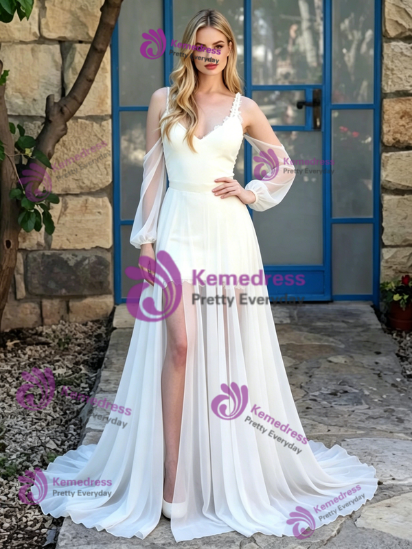 White Chiffon Long Sleeve Straps Wedding Dress