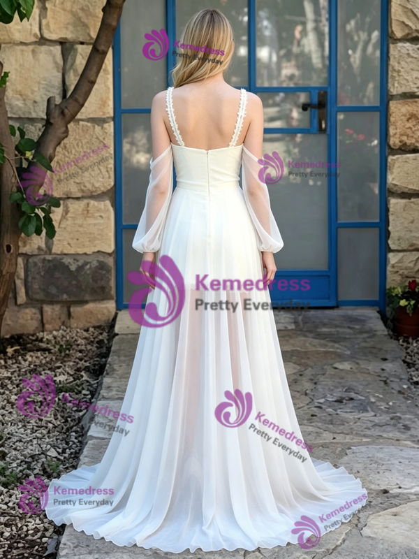 White Chiffon Long Sleeve Straps Wedding Dress