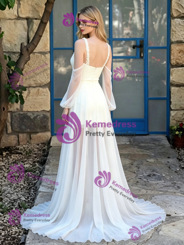 White Chiffon Long Sleeve Straps Wedding Dress