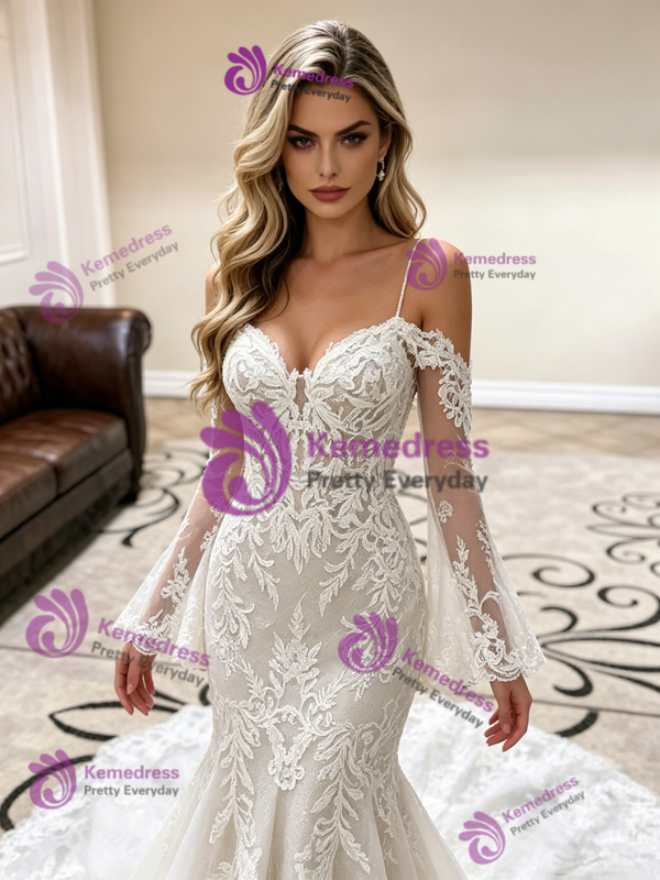 White Mermaid Lace Straps Long Sleeve Wedding Dress