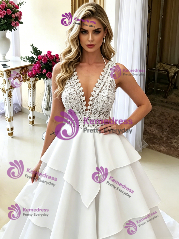 White V-neck Lace Wedding Dress