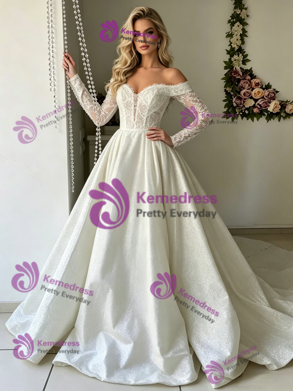 White Long Sleeve Lace Off the Shoulder Wedding Dress