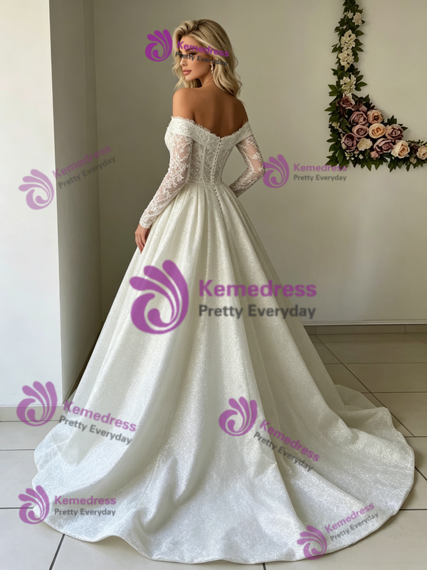 White Long Sleeve Lace Off the Shoulder Wedding Dress