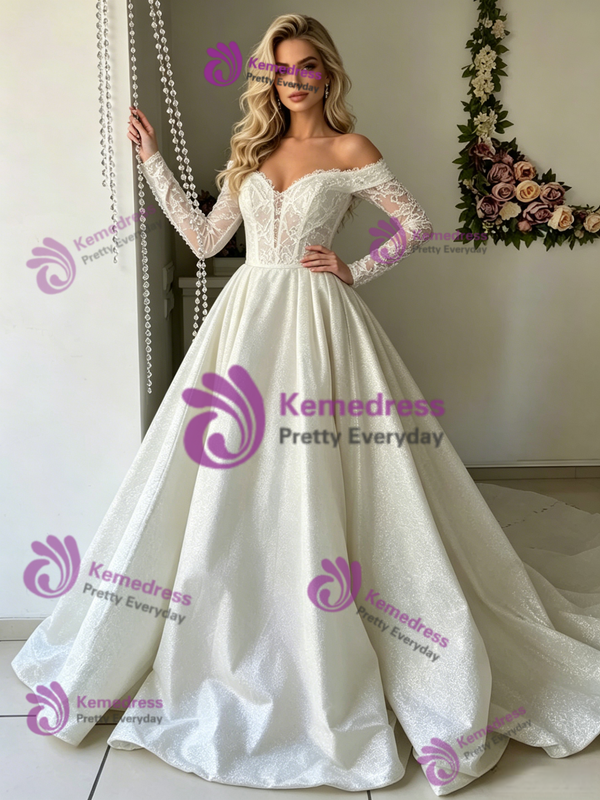 White Long Sleeve Lace Off the Shoulder Wedding Dress