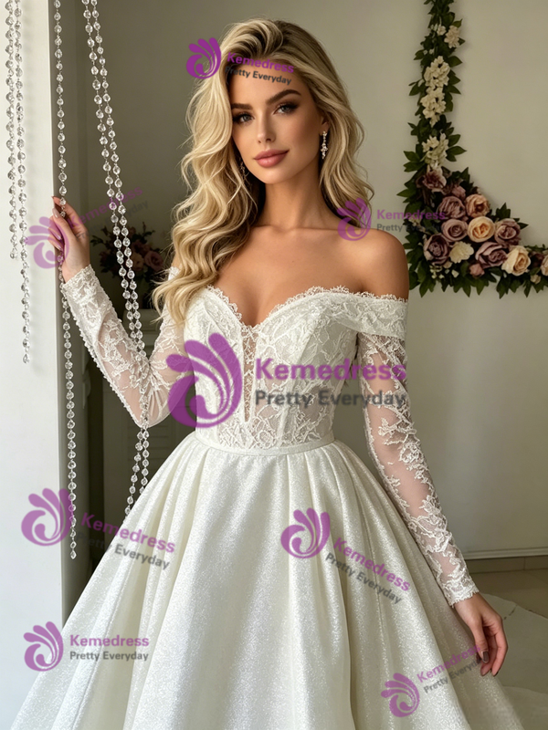 White Long Sleeve Lace Off the Shoulder Wedding Dress