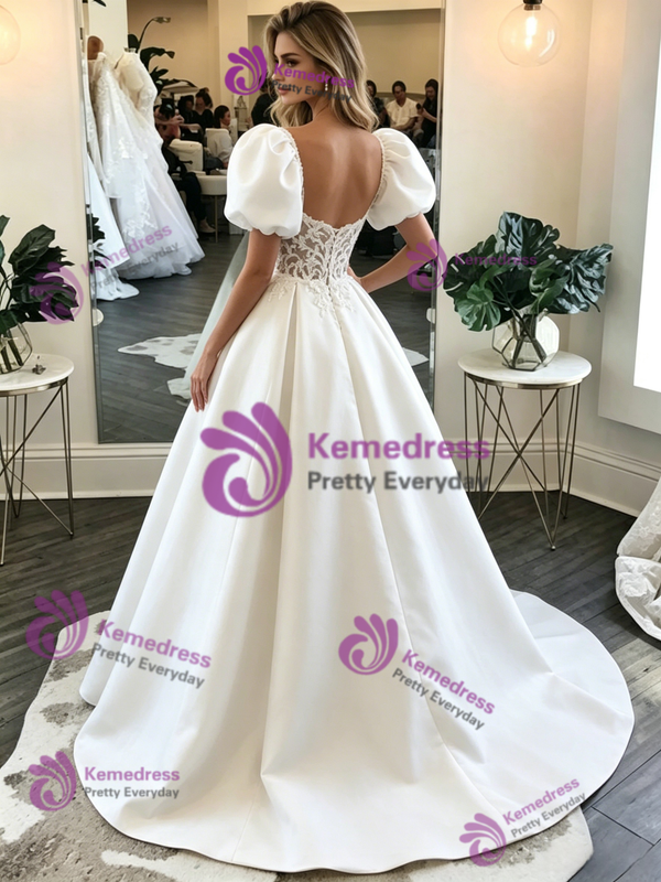 White Saton Puff Sleeve Lace Wedding Dress