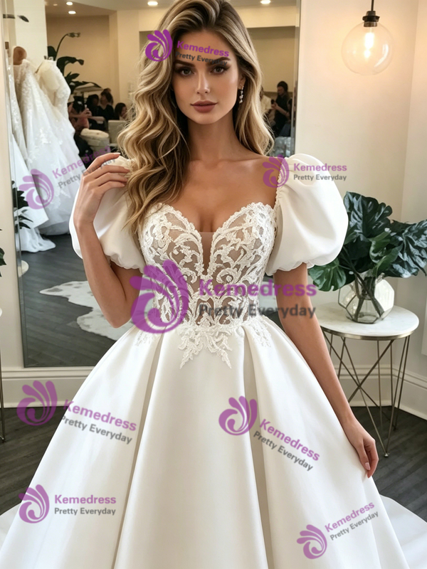 White Saton Puff Sleeve Lace Wedding Dress