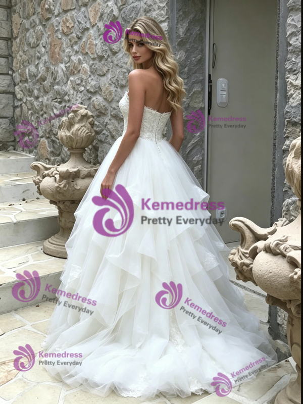 White Tulle Lace Strapless Wedding Dress